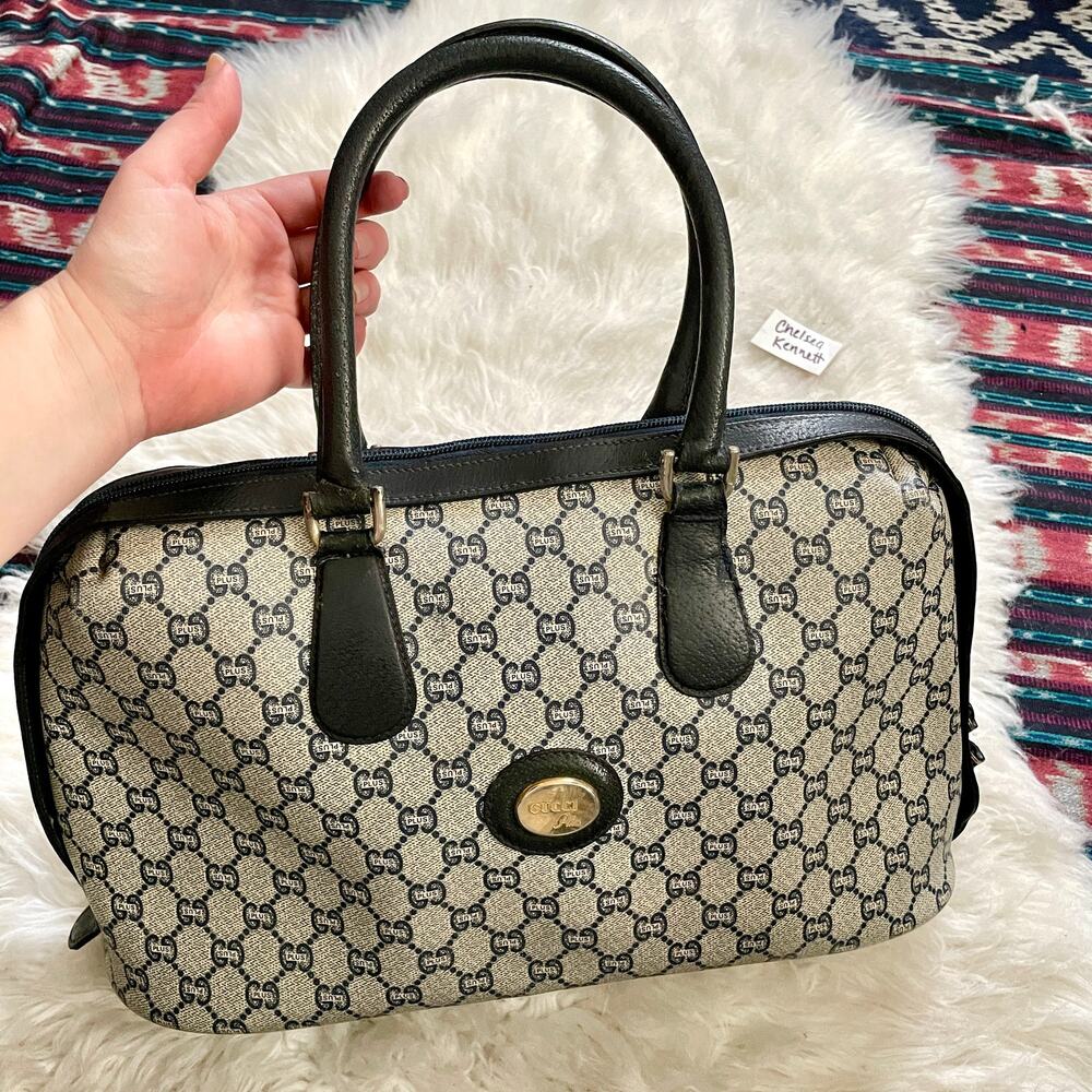 Gucci Plus Navy Satchel Handbag Bag Vintage Purse Doctors Boston Bag GG Monogram - Picture 2 of 16